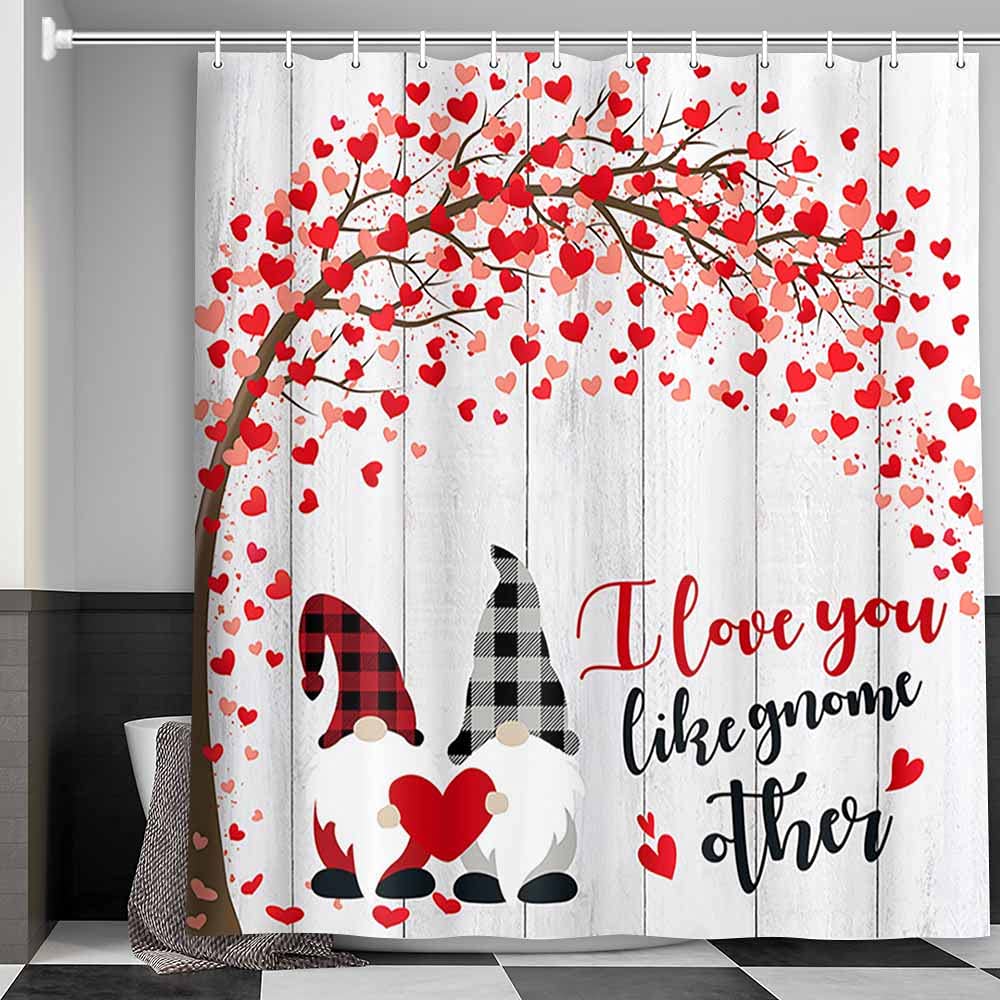 Romantic Valentine's Day Shower Curtain - Gnome Couple with Red Heart Tree Design, Rustic Farmhouse Bathroom Decor, 71x71 Inch Fabric Shower Curtain Set - Perfect for Couples' Bathroom, Anniversary Gift or Farmhouse Style Home Decor