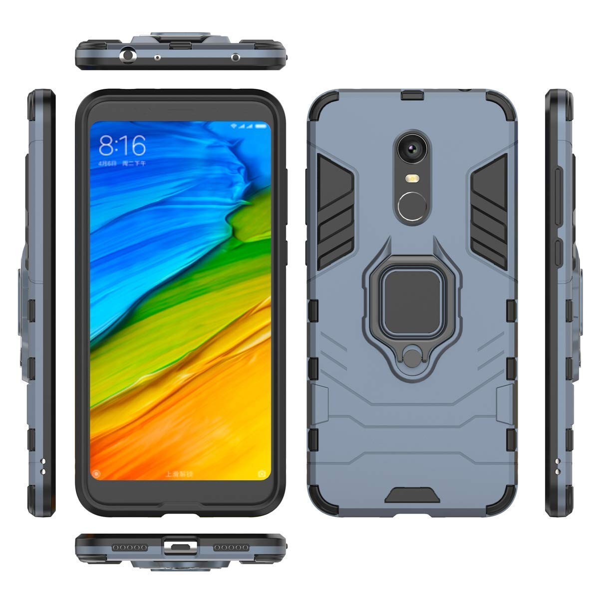 **LuluMain Shockproof Hard Bumper Case for Xiaomi Redmi 5 Plus – Compatible with Magnetic Car Mount, Metal Ring Grip & Kickstand | Dual Layer Rugged Cover in Navy Blue – Perfect for Work, Travel & Outdoor Adventures**