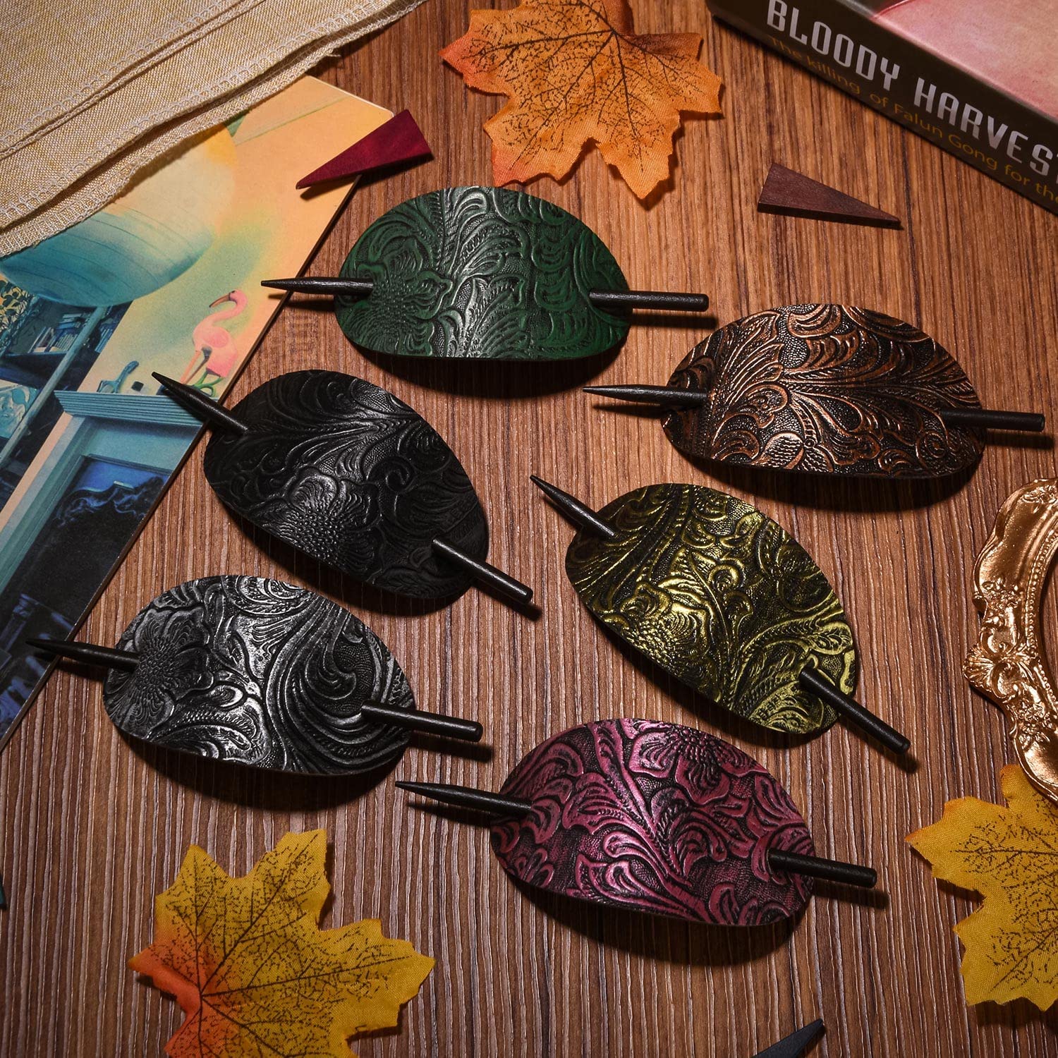 Noverlife 6PCS Bohemian Style Hair Barrettes with Wooden Stick - Faux Leather Oval Hair Clips, Ponytail Holders & Slider Pins for Women & Girls | Perfect for Weddings, Parties & Everyday Styling