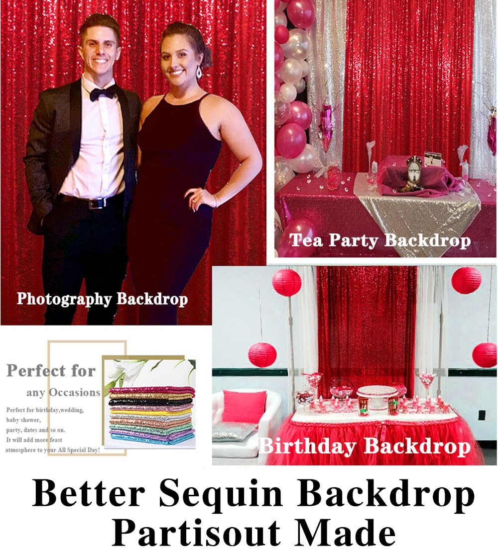 Partisout 8ftx8ft Red Sequin Curtain Backdrop - Sparkling Party, Wedding, Photo Booth & Event Decor - Glittering Sequin & Shimmer Background for Celebrations