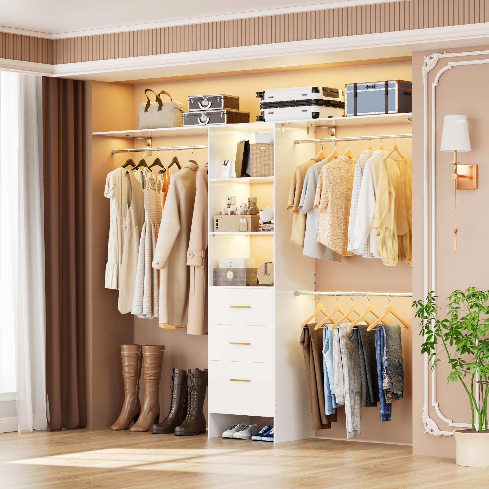 8FT Walk-In Closet Organizer System with 3 Shelving Towers & Drawers - 96