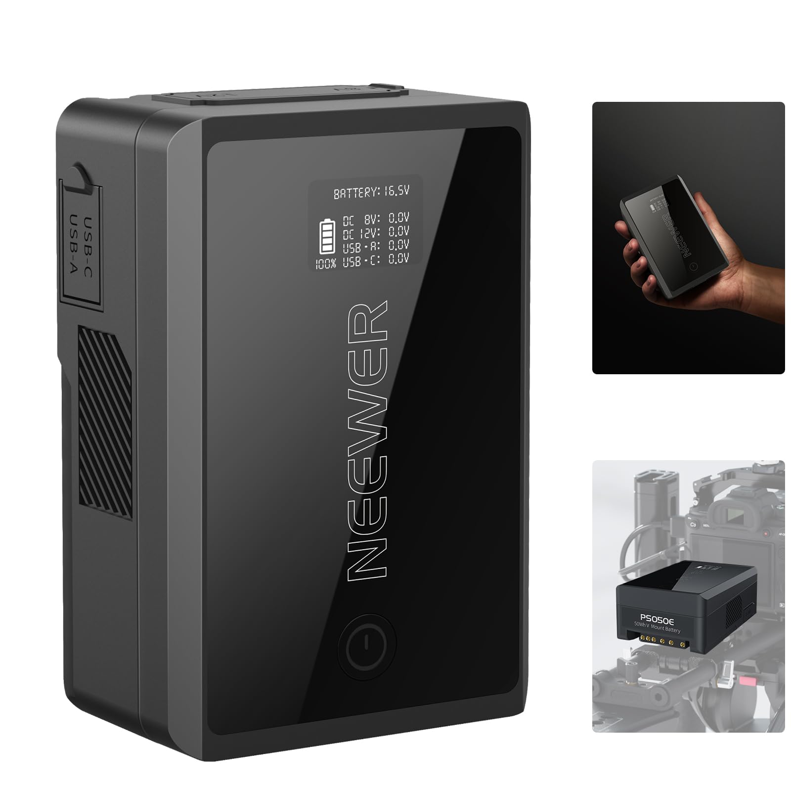 NEEWER Mini V Mount Battery 3450mAh 50Wh with D-Tap/USB-C/USB-A/BP/Dual DC Ports & OLED Screen - 14.54V V-Lock Battery for Sony/Fuji/Canon Cameras, Supports 45W PD Fast Charging - Perfect for DSLR Cameras, Monitors, Camcorders & Video Lights (Model PS050E)