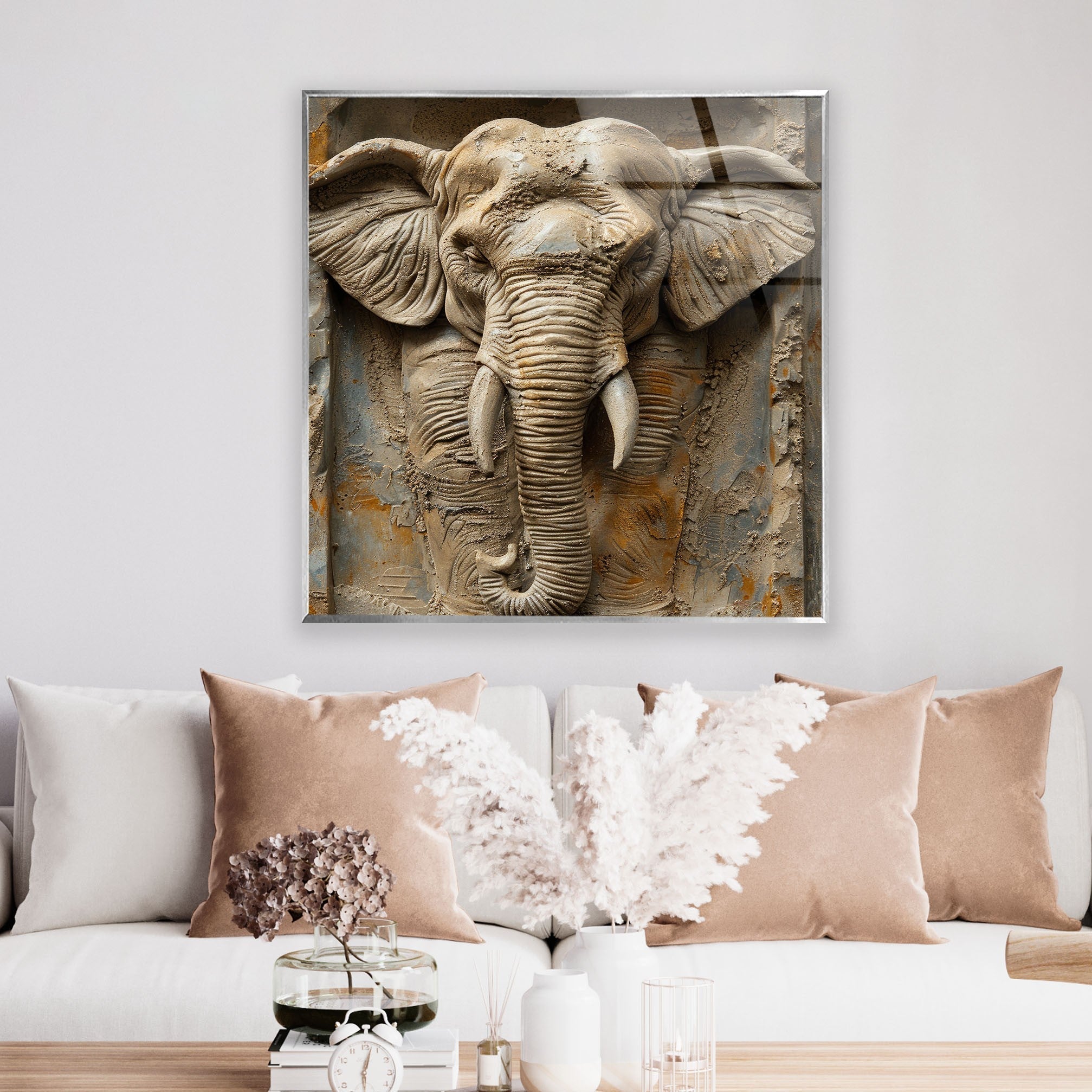 3D Elephant Stone Art Glass Wall Decor - Handmade Modern Home Decor for Living Room, Bedroom, Office - Unique Gift Idea for Animal Lovers