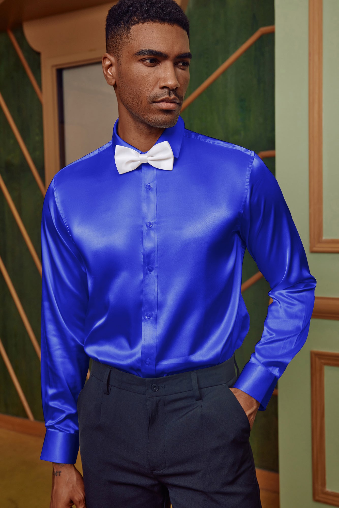 Men's Shiny Satin Dress Shirts - Long Sleeve Button Down Silk Cardigan Shirt with Bow Tie | Formal Wear for Weddings, Parties & Business Meetings