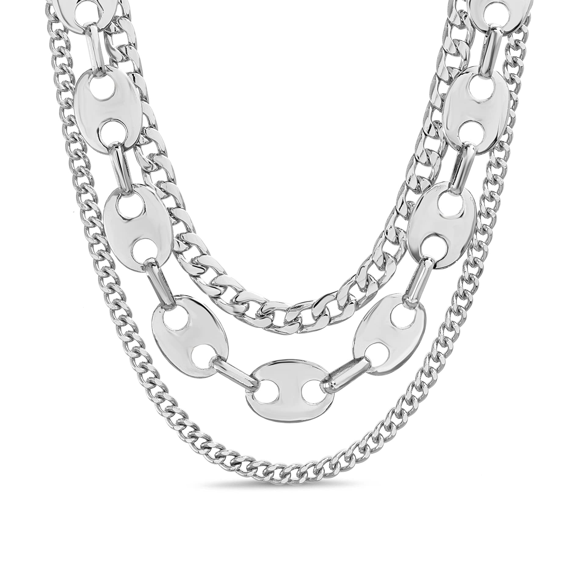 Nautica Chunky Women's Chain Necklace - 3 Row Layered Statement Necklace for Women | Curb, Mariner, Paperclip, Figaro, Snake & Rope Chain Styles | Perfect for Parties, Date Nights & Everyday Wear