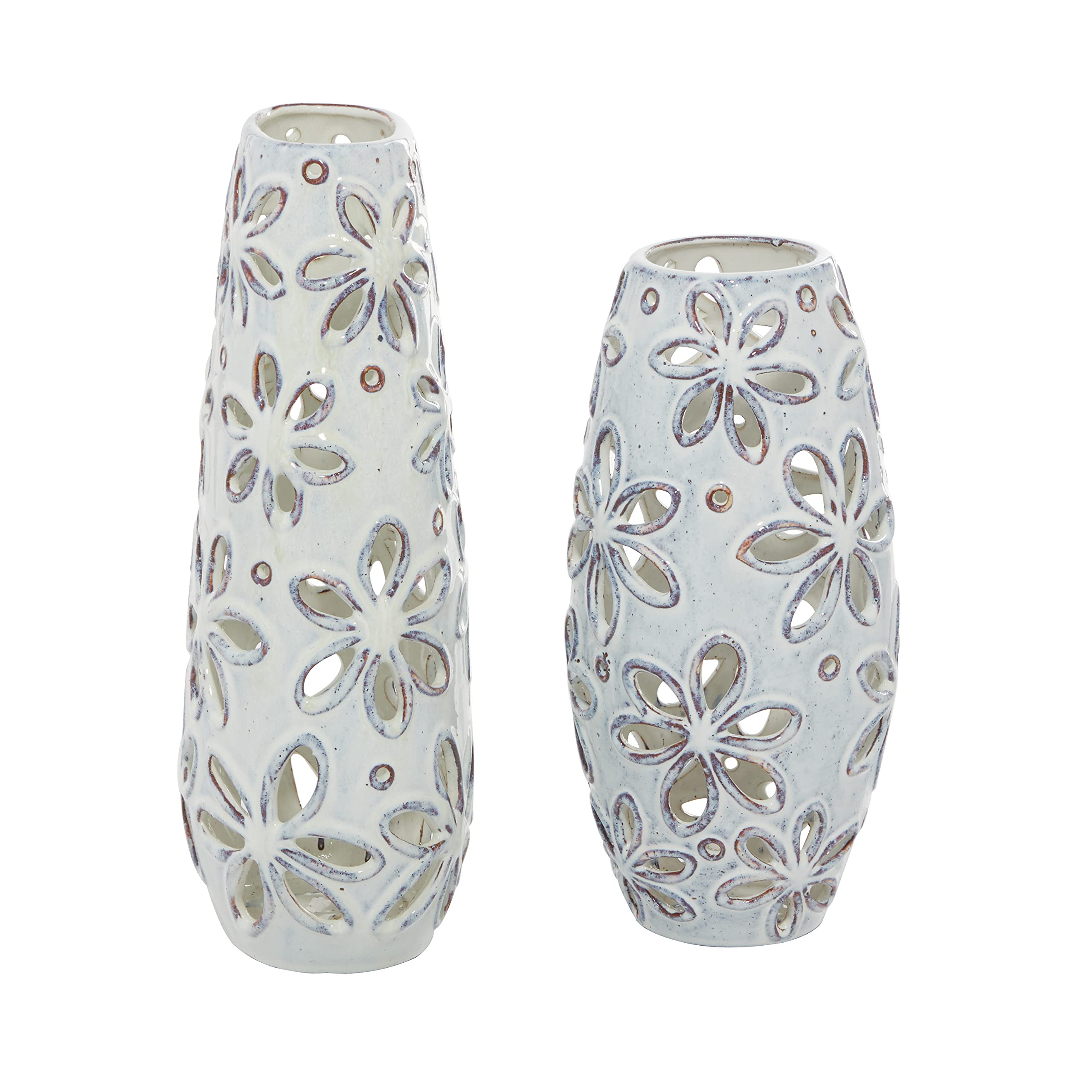 Deco 79 Handmade Ceramic Floral Vase Set of 2 - White Daisy Cut Out Centerpiece for Home Decor, 14