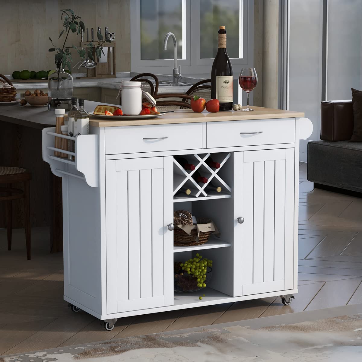 Teeker White Kitchen Island Cart with 2 Storage Cabinets, 4 Locking Wheels, Wine Rack, 2 Drawers & Spice Rack - Mobile Kitchen Organizer for Small Spaces, Perfect for Cooking, Baking & Entertaining