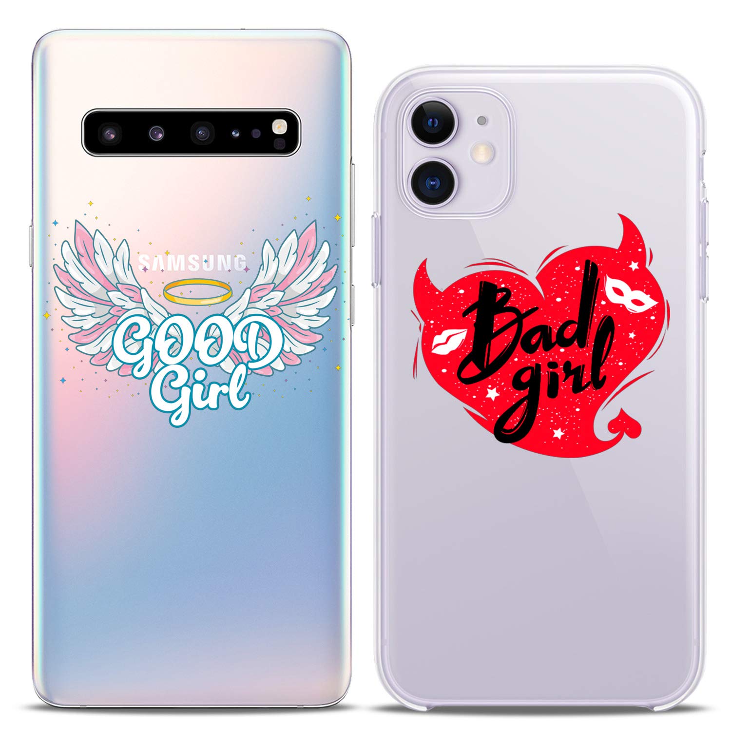 Matching Couple Phone Cases Compatible with iPhone 16/15/14/13/12/11 Pro Max/Mini/XS/X/6s/8 Plus/7+/XR/10/SE/5 - Cute BFF Silicone Covers with Angel & Devil, Good & Bad Girl Designs - Perfect Gift for Couples, Best Friends & Women (Ideal for Valentine's Day, Anniversaries & Friendship Gifts)