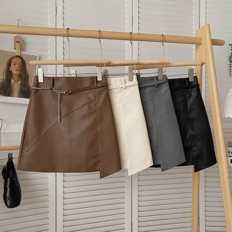 Autumn Women's Brown Chain Belt Mini Skirt - High Waist Slim Leather Bodycon Wrap Hip Short Skirt for Streetwear & Night Out | Trendy Fashion for Parties, Dating & Casual Wear