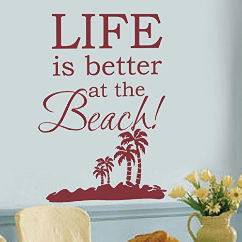 Life Is Better At The Beach Vinyl Wall Decal - Inspirational Quote Sticker for Home Decor, Nursery, Office & Living Room - Black Island Themed Wall Art Letters