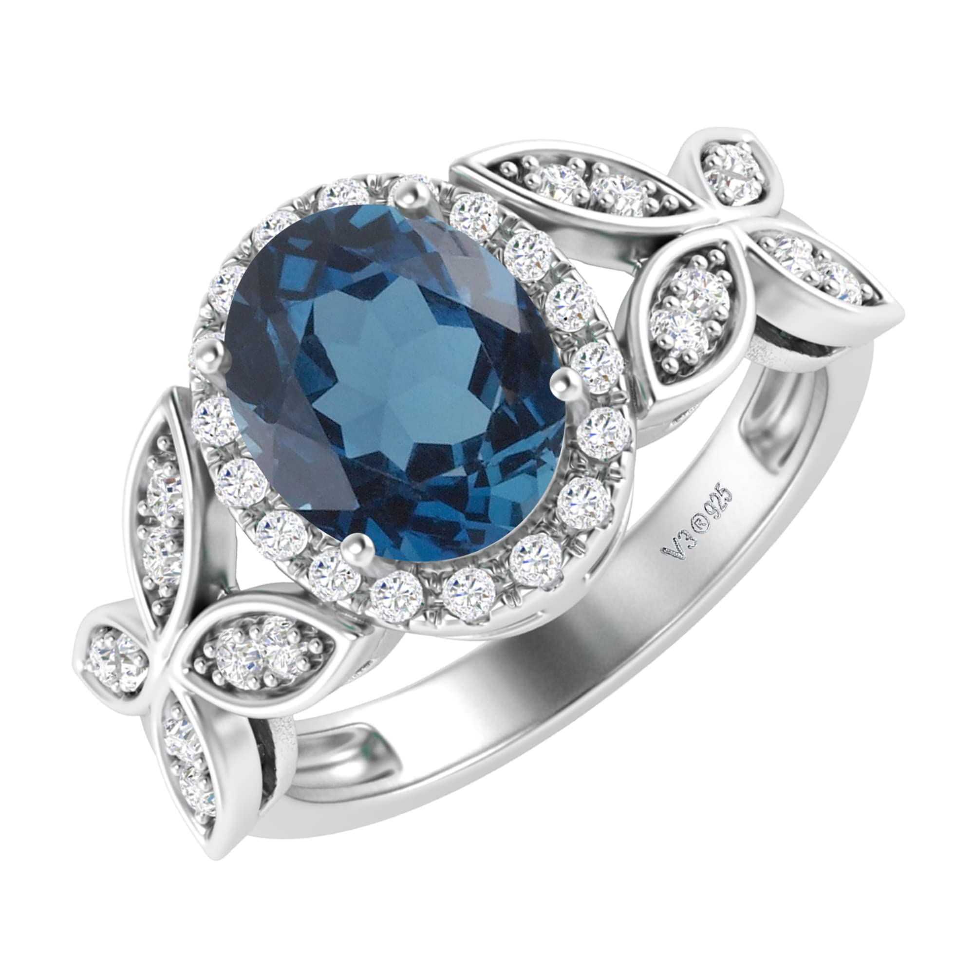 Natural London Blue Topaz & White Topaz Halo Ring in Sterling Silver | Elegant Jewelry for Women, Engagement, Anniversary & Special Occasions