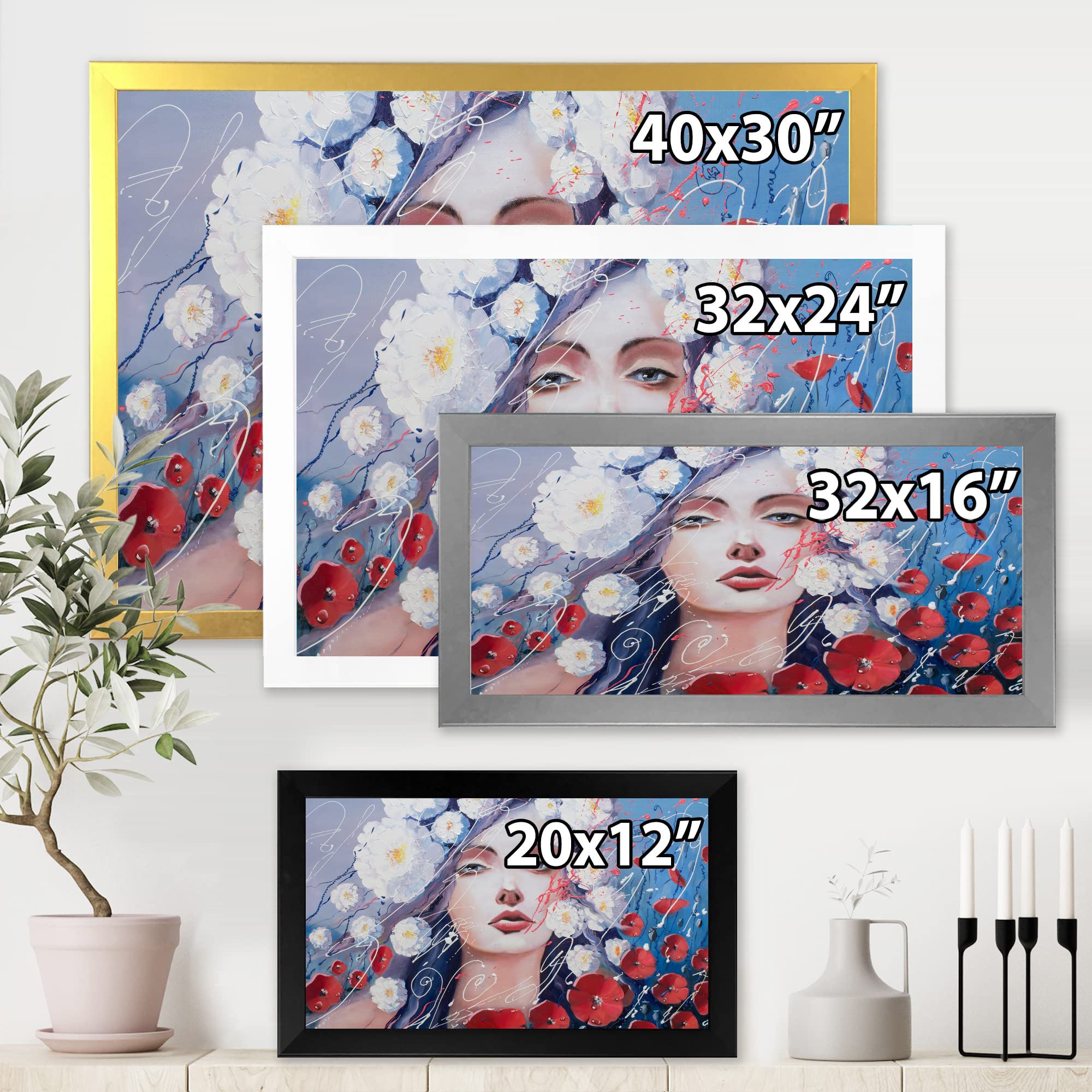 Traditional Framed Wall Art - Portrait of a Young Woman with Red & White Flowers | Elegant Home Decor for Living Room, Bedroom & Office | DesignQ Canvas Painting