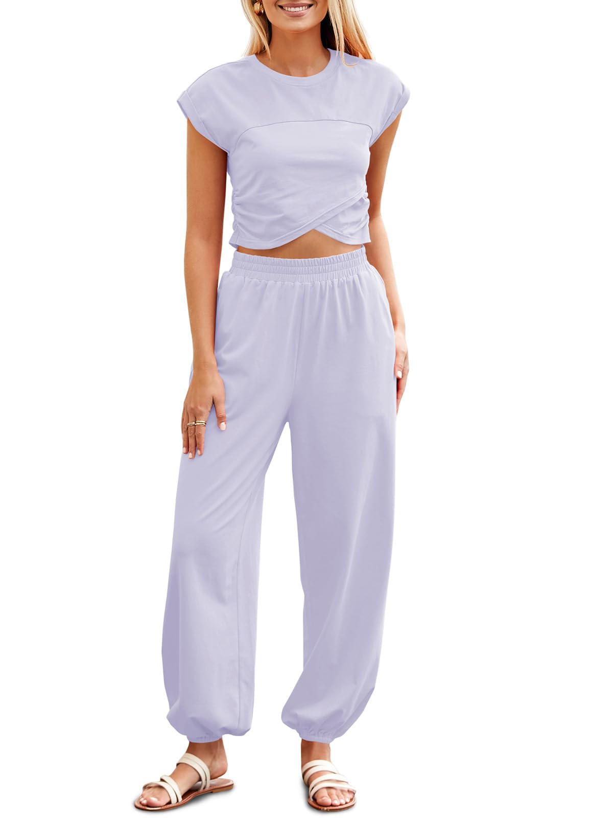 Fisoew Women's 2 Piece Outfits - Casual Lounge Sets with Crop Top & Joggers Pants, Soft Tracksuit with Pockets for Home, Yoga, Travel & Running