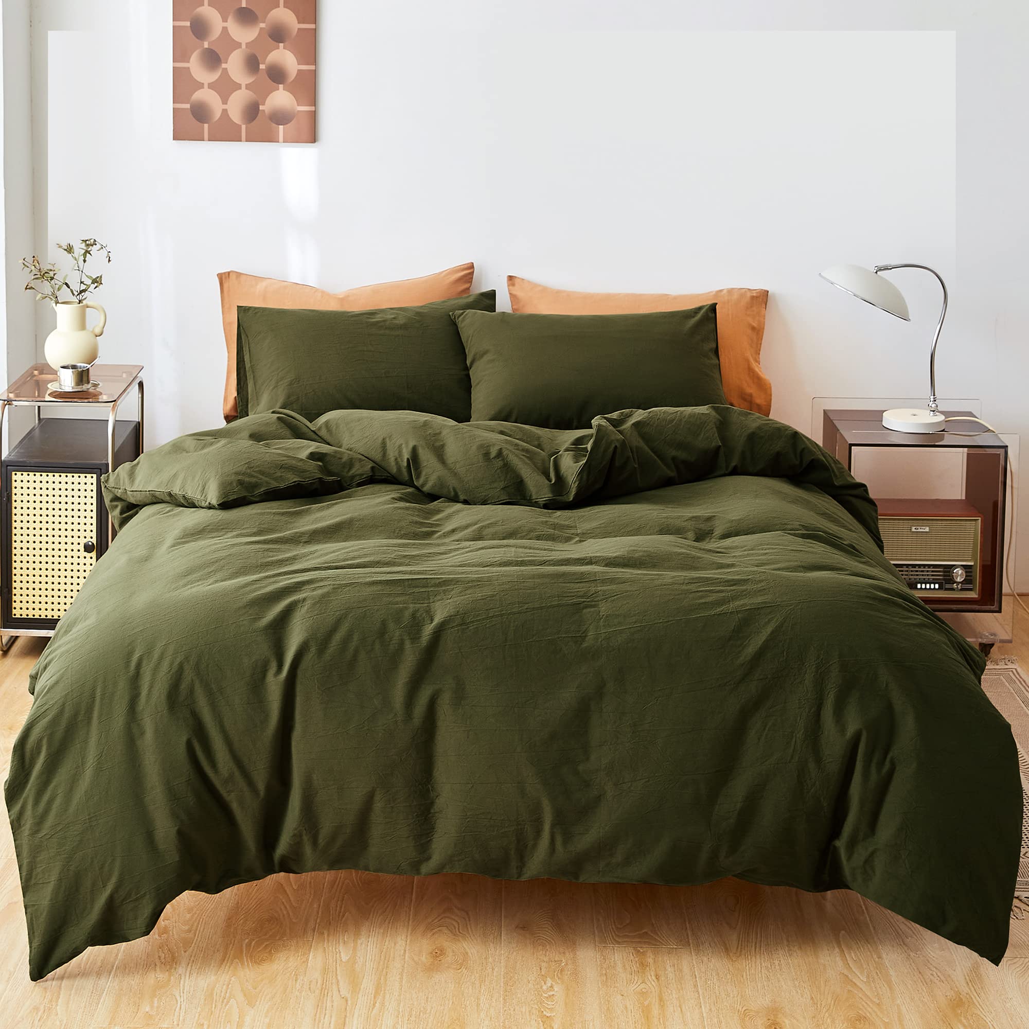 FANSTIVE King Size Duvet Cover Set - 100% Washed Cotton, Linen-Like Soft & Breathable, 3-Piece Olive Green Farmhouse Bedding with Zipper Closure (Comforter Not Included) - Perfect for Master Bedroom, Guest Room & Cozy Farmhouse Decor
