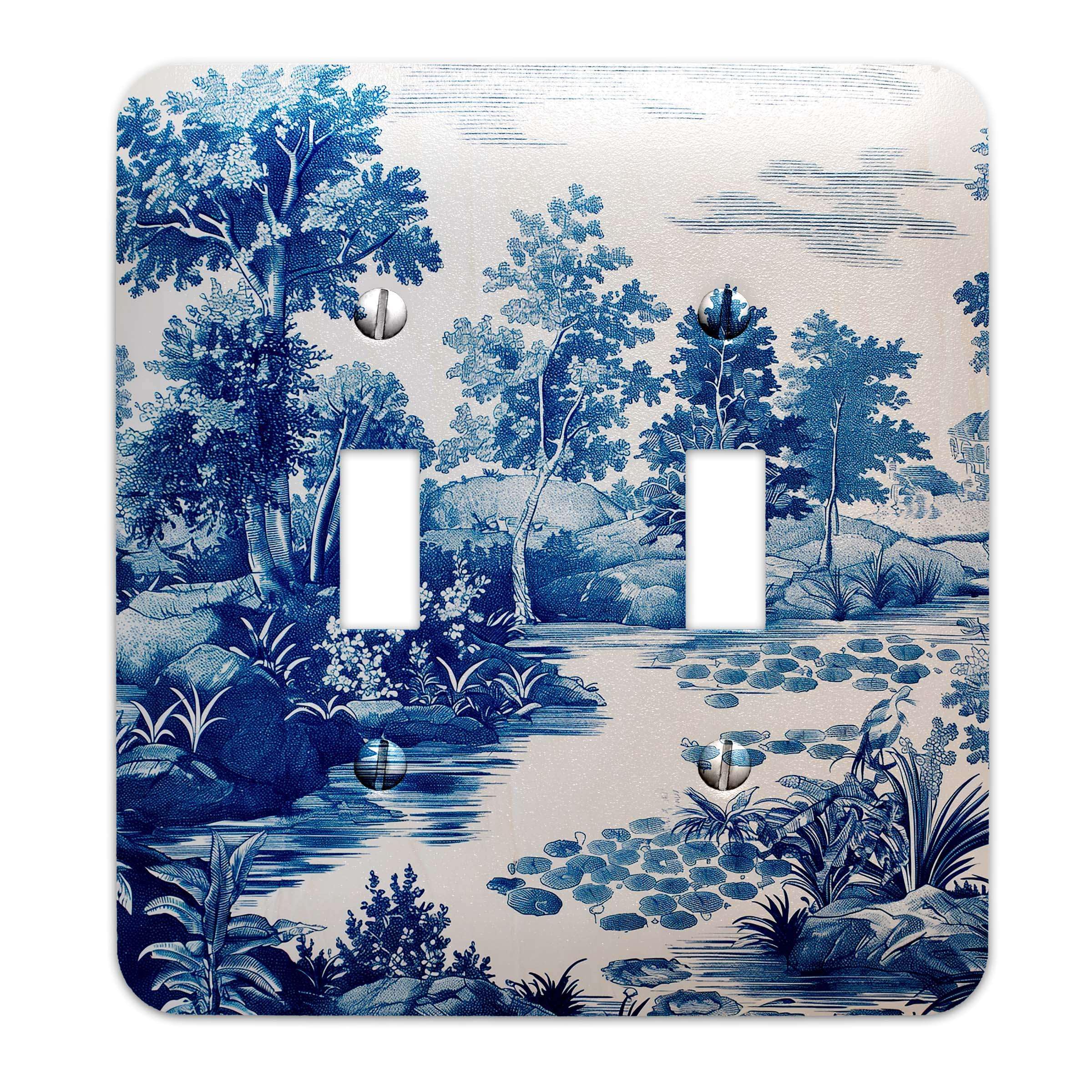 Vintage Blue Toile Light Switch Plate Cover - Elegant Double Switch Plate for Home Décor - Multiple Sizes (2-Gang) - Perfect for Bedroom, Living Room & Bathroom Wall Decor