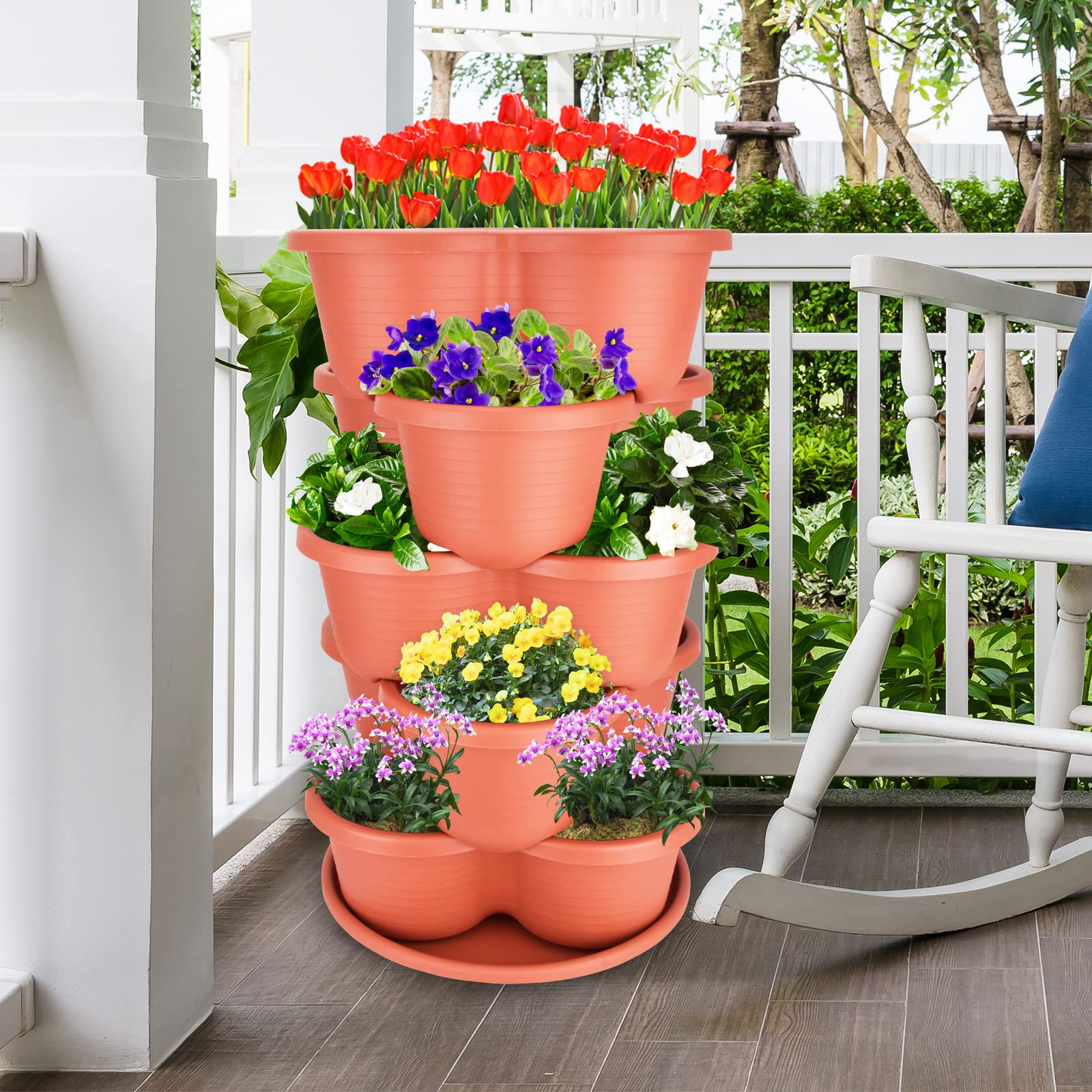 5 Tier Stackable Vertical Planter for Strawberries, Flowers, Herbs & Vegetables - Space Saving Garden Planter with Brick Red Finish | Perfect for Balcony, Patio, Small Space Gardening & Indoor Plants