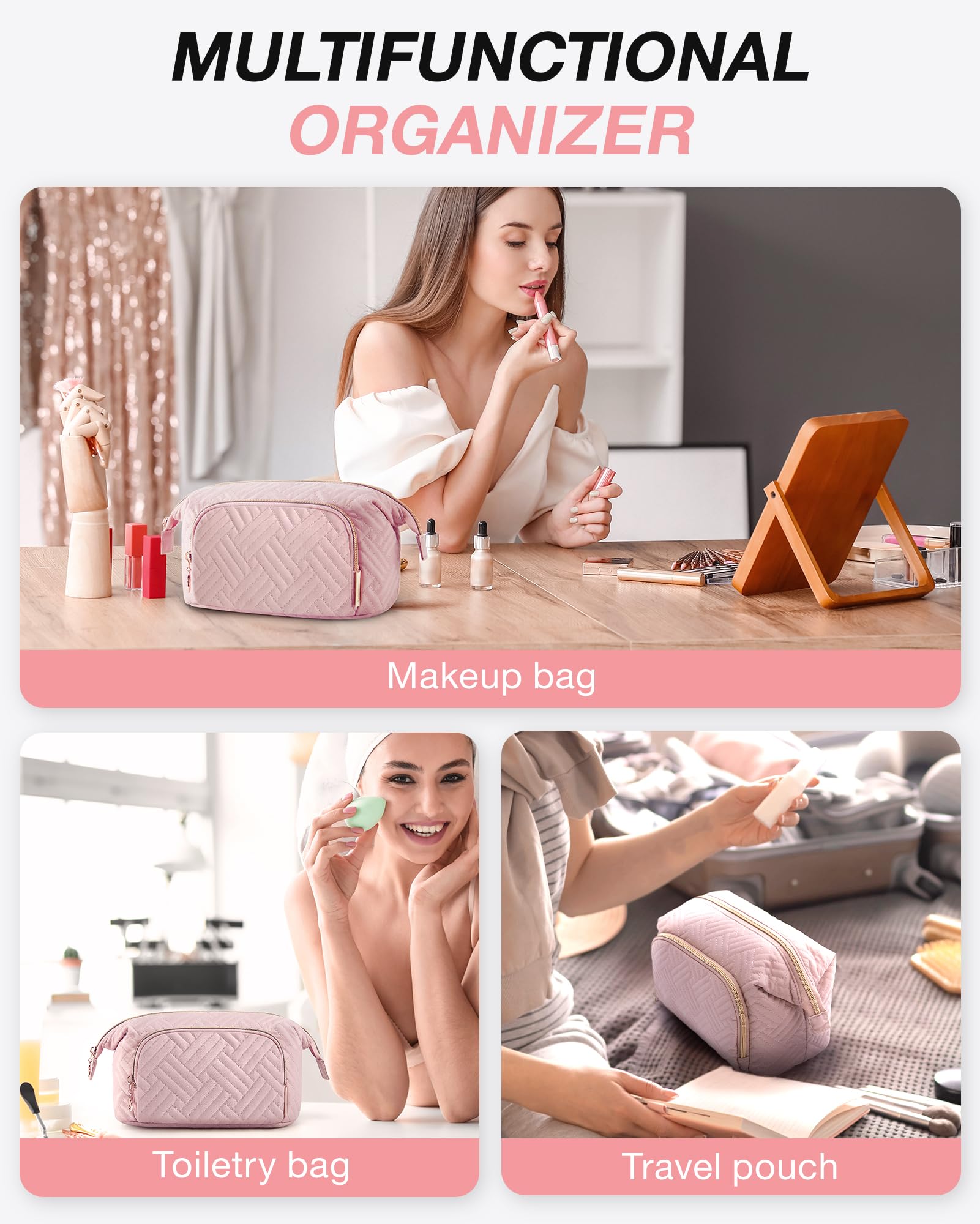 BAGSMART Large Travel Makeup Bag for Women - Waterproof Cosmetic Organizer Case with Wide Opening, Perfect for Toiletries, Brushes & Beauty Accessories (Ideal for Travel, Gym & Daily Use)