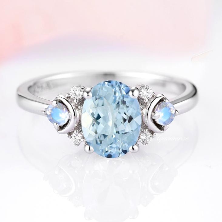 925 Sterling Silver Aquamarine & Moonstone Ring – Elegant Birthstone Jewelry for Women, Perfect for Gifts, Weddings & Everyday Wear