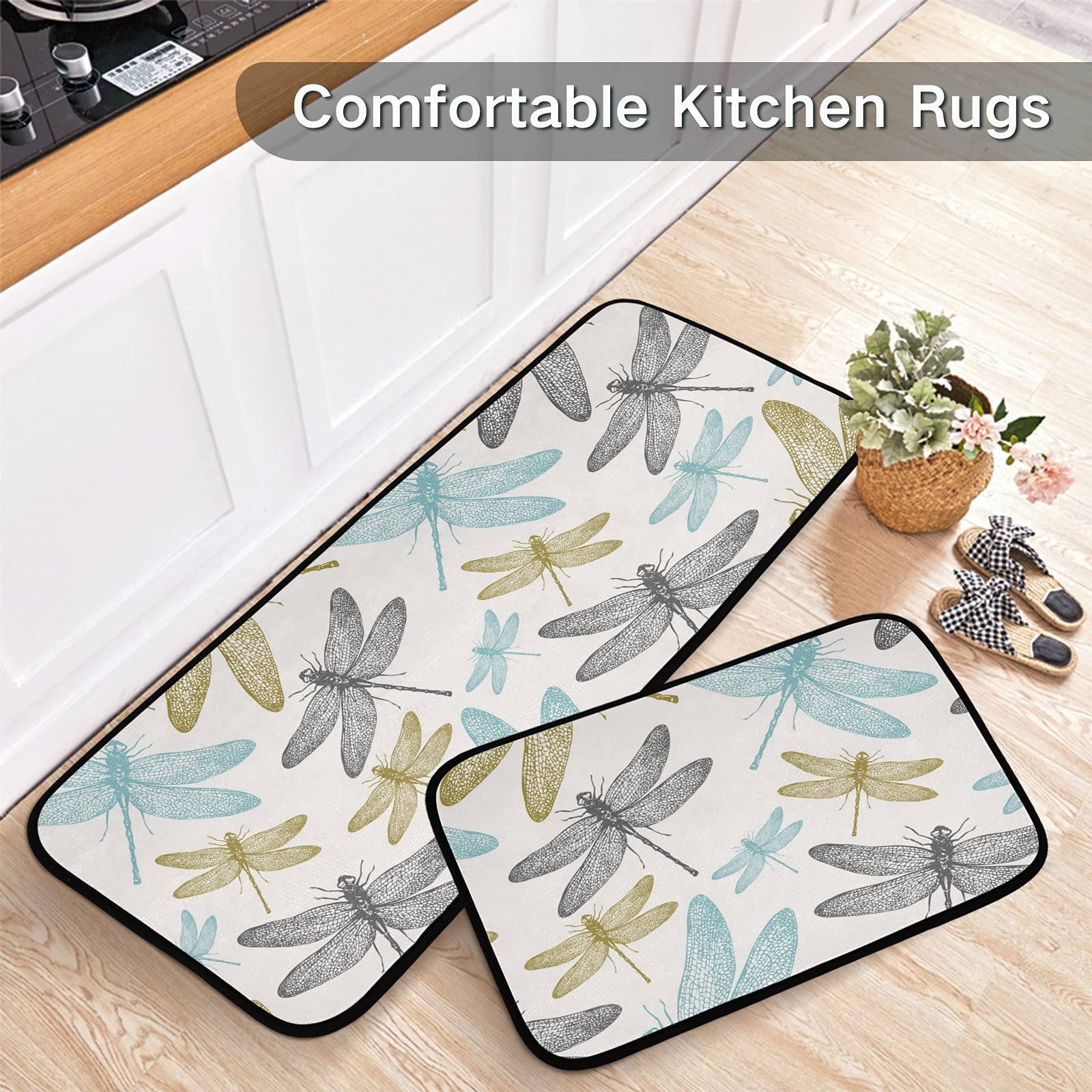 Premium 2-Piece Dragonfly Design Anti-Fatigue Kitchen Rugs - Waterproof Non-Slip Floor Mats with Comfort Elastic Cotton Layer for Kitchen, Home, Office, Laundry & Sink Areas - Perfect for Standing Comfort While Cooking, Washing Dishes or Doing Laundry