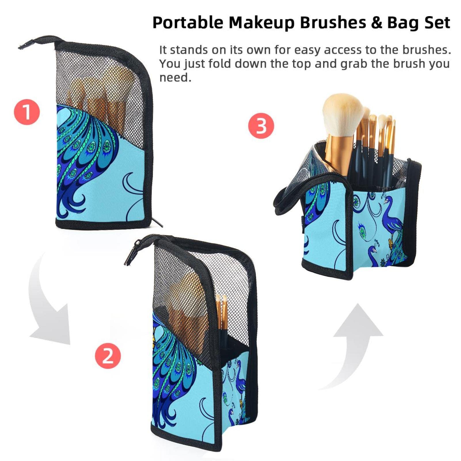 Premium Makeup Brush Organizer Bag with 12 Brushes - Blue Peacock Feather Design, Portable Cosmetic Brush Holder Case for Travel & Home Storage
