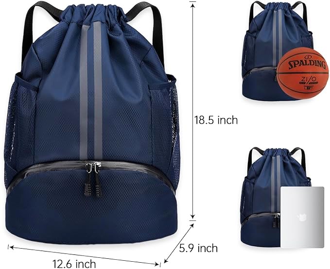 Drawstring Backpack for Gym & Basketball - Sports Workout Bag with Wet/Dry Separation Pocket & Shoe Compartment - Perfect for Workouts, Travel & School (Navy Blue)