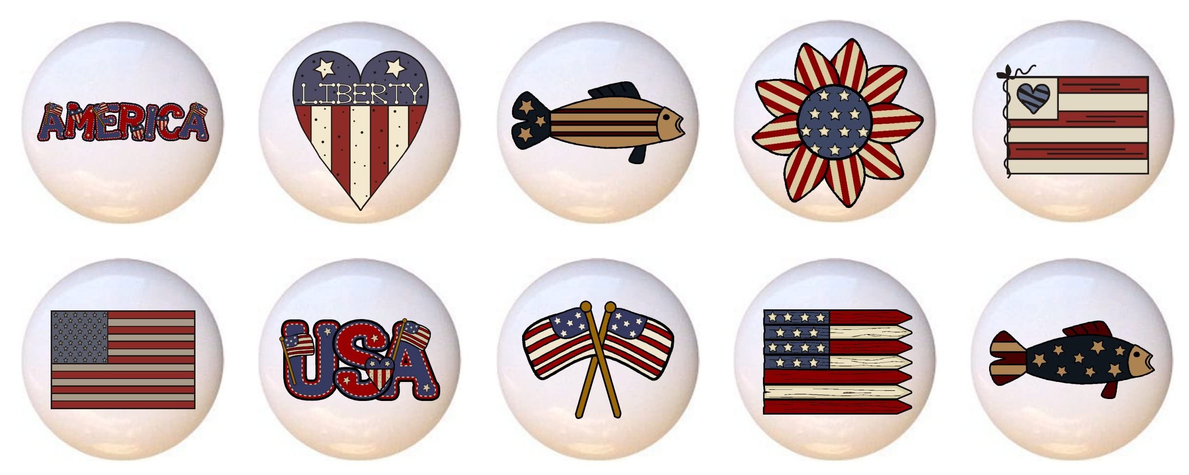 10-Pack Americana USA Flag Ceramic Drawer Knobs - Patriotic Cabinet Hardware for Dressers, Cupboards & Furniture (Perfect for Home Decor, DIY Projects & Vintage Style Makeovers)