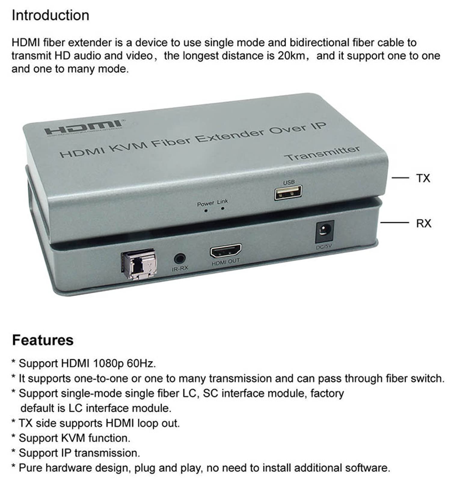 HDMI KVM Fiber Extender Over IP - 20KM USB 2.0 KVM Switch with LC/SC Fiber Cable for PS4, Monitor & PC - Keyboard/Mouse Sharing Solution for Home Theater & Office Workstations