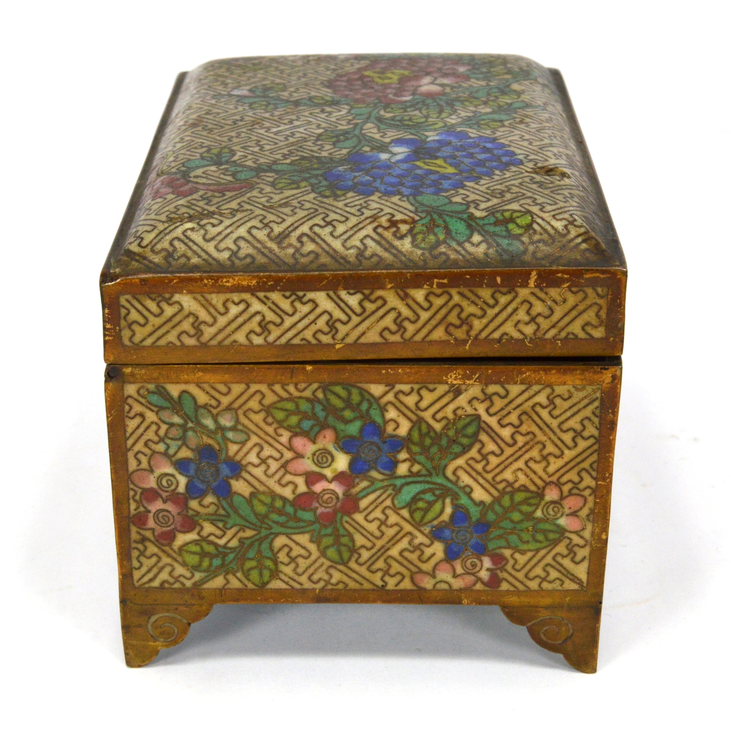 Antique Cloisonne Hinged Jewelry Box with Floral Design - 3x5x3 Inches - Brass/Bronze Footed Trinket Box for Home Decor, Gift, or Storage | Perfect for Jewelry, Keepsakes, and Collectibles