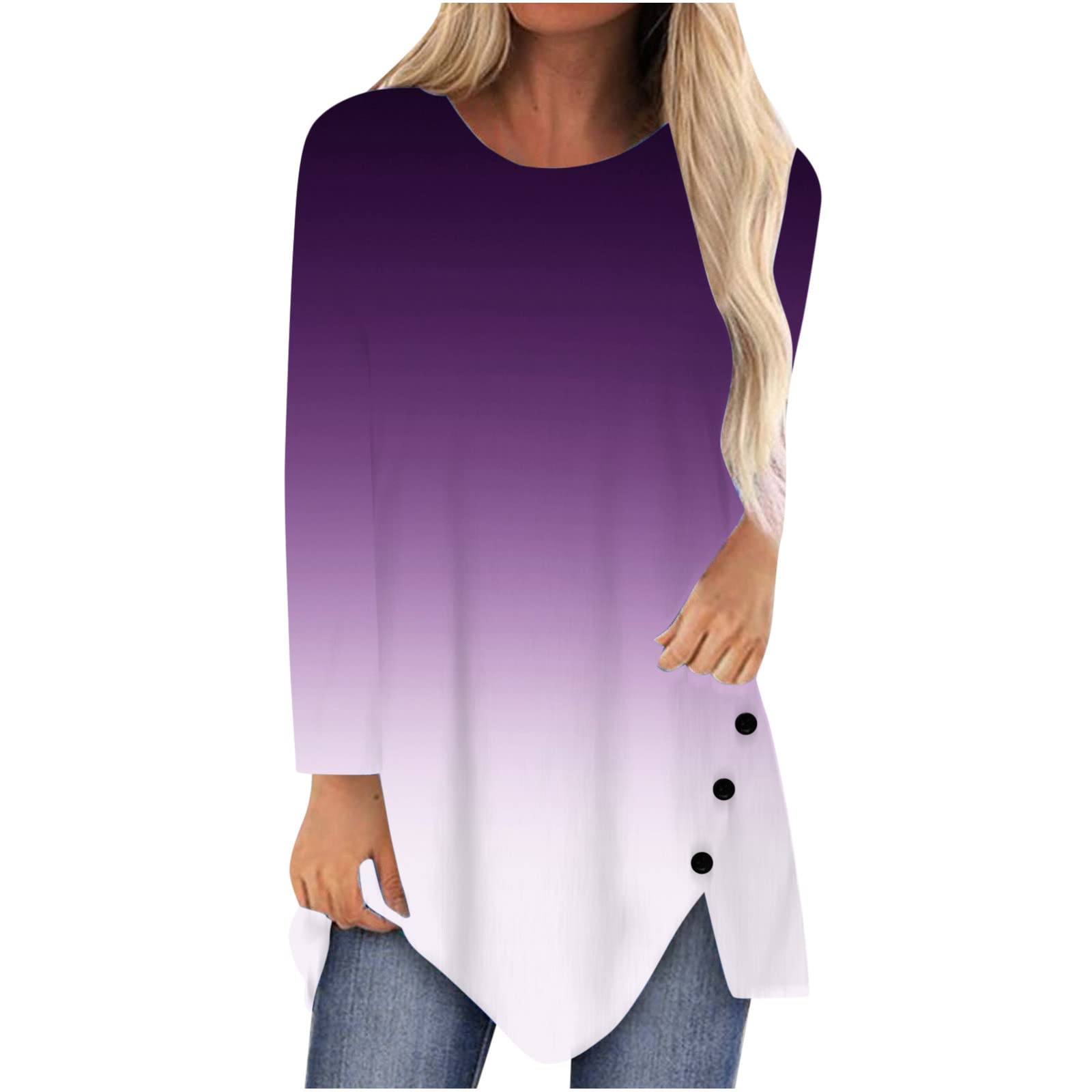 Women's Casual Printed Round Neck Long Sleeve Button-Up Blouse - Stylish Irregular Pullover T-Shirt Top for Everyday Wear | Perfect for Office, Dating & Weekend Outings