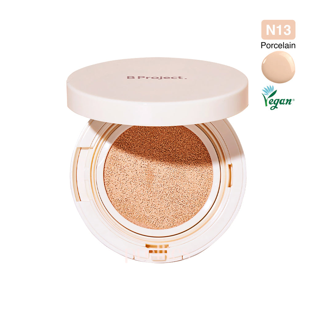 B Project Stay Glow Cushion Foundation - N13 Porcelain 12g + Refill 12g, Lightweight Hydrating Cushion Compact for Flawless Coverage | Perfect for Daily Makeup & On-the-Go Touch Ups