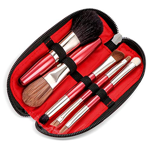 Portable Mini Makeup Brushes Set with Travel Case - 5PCS Natural & Synthetic Hair Cosmetic Brushes Kit for Foundation, Contouring, Blending, Blush & Eyeshadow - Perfect for Travel, On-the-Go Touch Ups & Professional Makeup Application