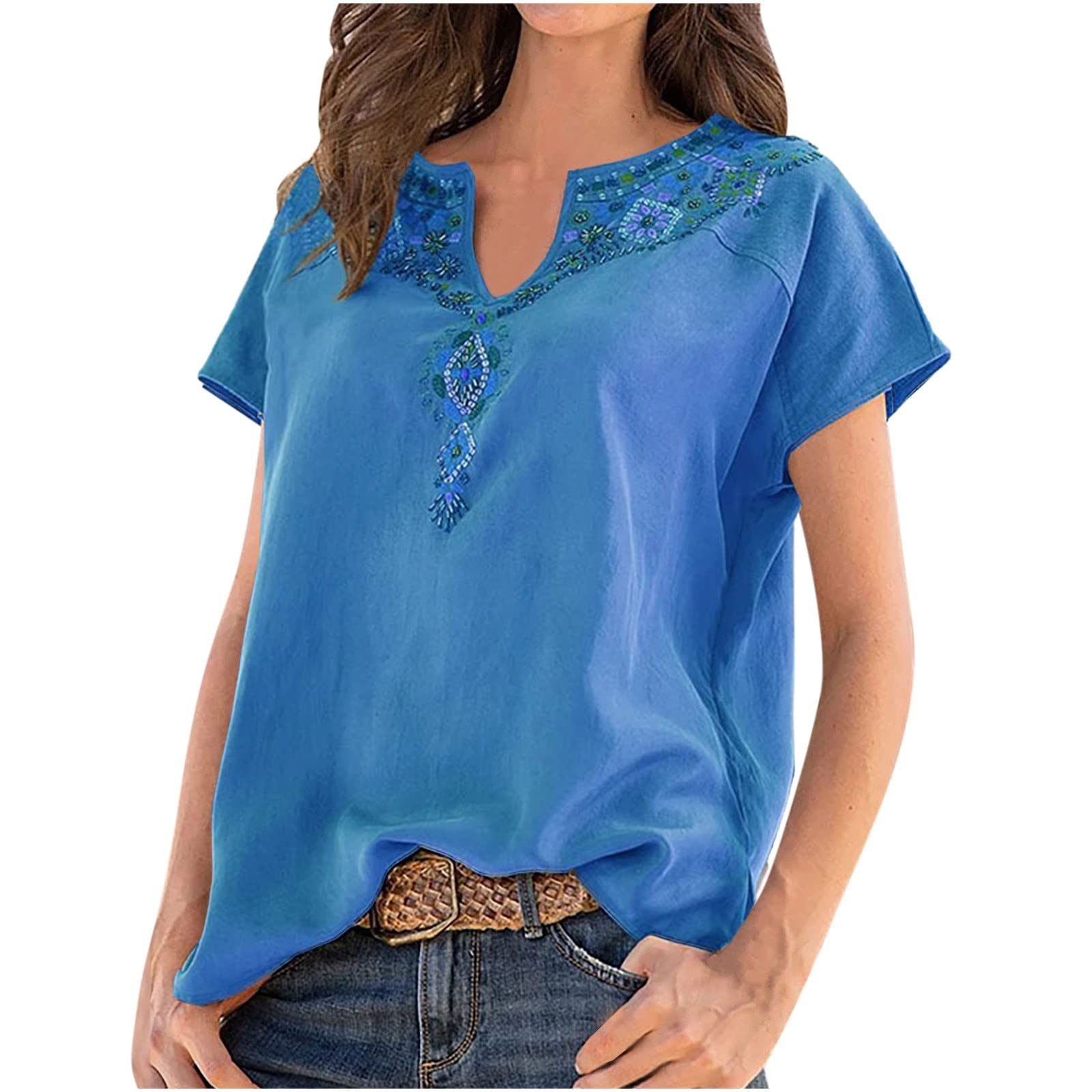 Stylish Women's V-Neck Retro Ethnic Print Short Sleeve Tunic Top - Summer Casual Loose Fit Blouse for Everyday Wear & Boho Outfits