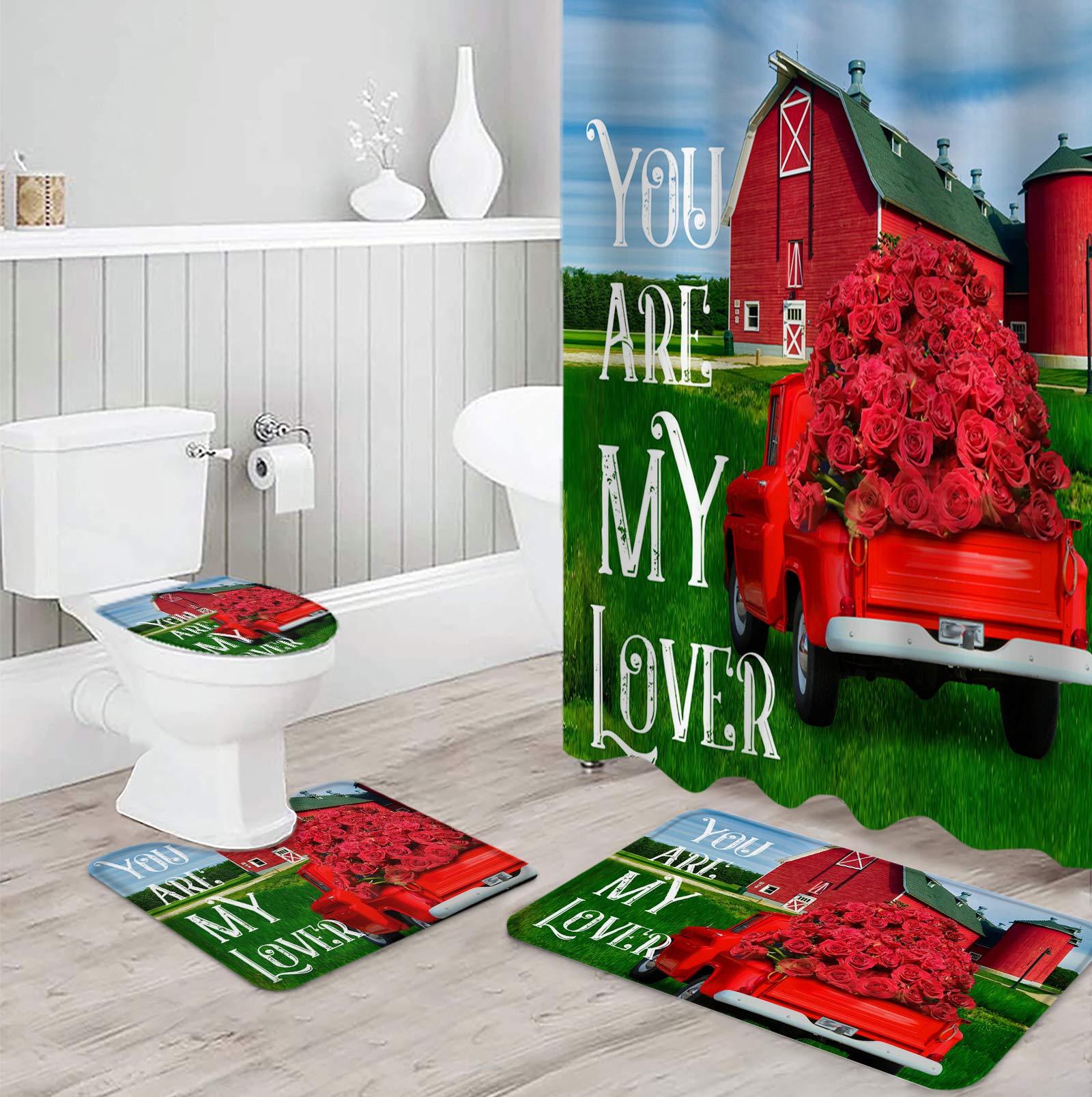 4-Piece Valentine's Day Shower Curtain Set - Waterproof Bathroom Decor with Non-Slip Rugs, Toilet Lid Cover & U-Shape Carpet - Farmhouse Red Rose & Barn Truck Romantic Theme for Couples - Perfect for Bathroom Makeover, Anniversary Gift & Romantic Home Decor