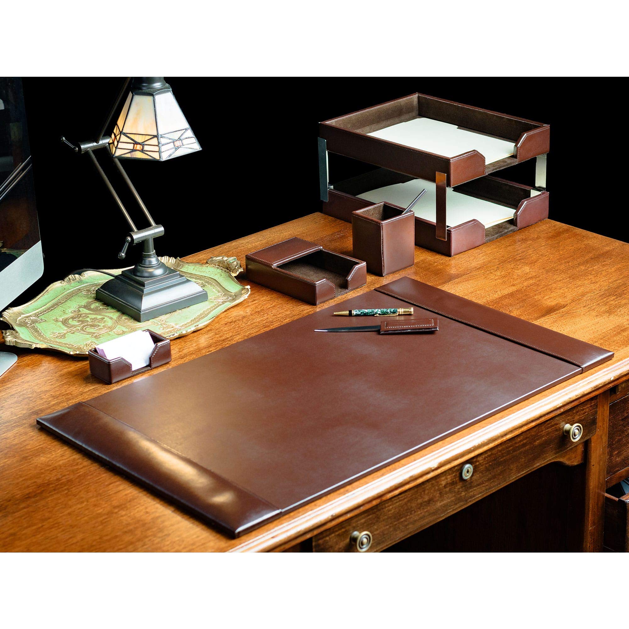Premium Dacasso Bonded Leather Desk Set - Luxury Leather Desk Pad & Office Organizer - Executive Desk Decor for Professionals - Dark Brown 8-Piece Set - Perfect for Home Office, Corporate Gifts & Workspace Organization
