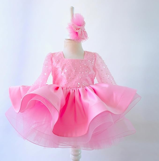 Baby Girl Long Sleeve Tutu Dress with Bowknot - Lace & Feather Flower Girl Party Outfit for Infants & Toddlers (Pink Sequin, Age 1 Year) - Perfect for Christmas, Birthday, Wedding & Special Occasions - Cute Photo Shoot & Holiday Celebration Outfit