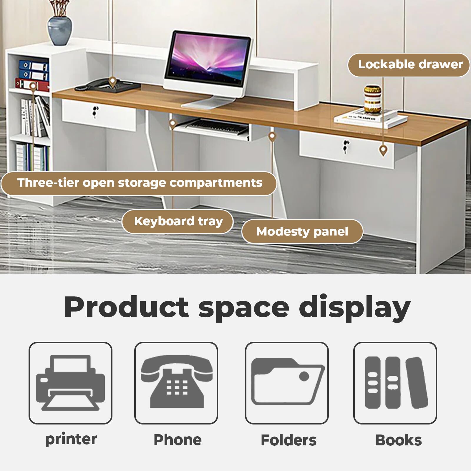 Modern Office Reception Desk with Lockable Drawer & Open Shelves - 87