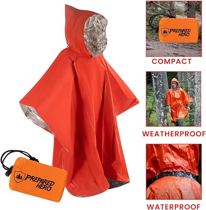Hero Prepared Survival Tool Poncho - Waterproof & Heat Insulated for Camping, Hiking, Emergency Preparedness - Perfect for Outdoor Adventures & Survival Kits