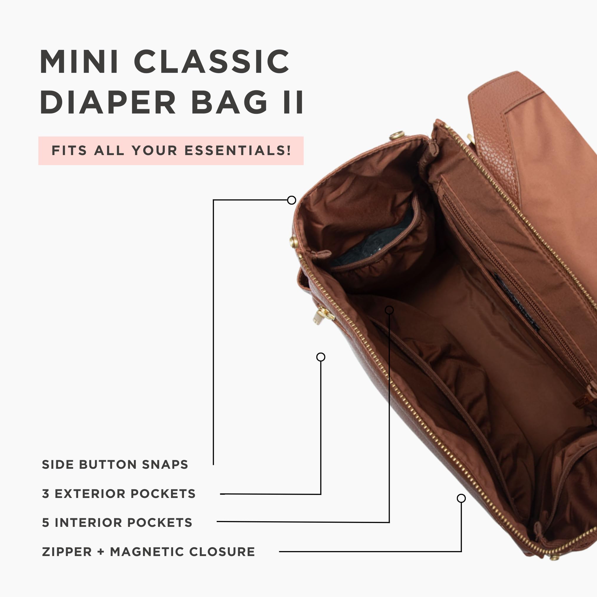 Freshly Picked Mini Classic Diaper Bag Backpack - Wipeable Vegan Leather with 8 Pockets (Cognac) - Perfect for Baby Essentials, Travel & On-the-Go Parents