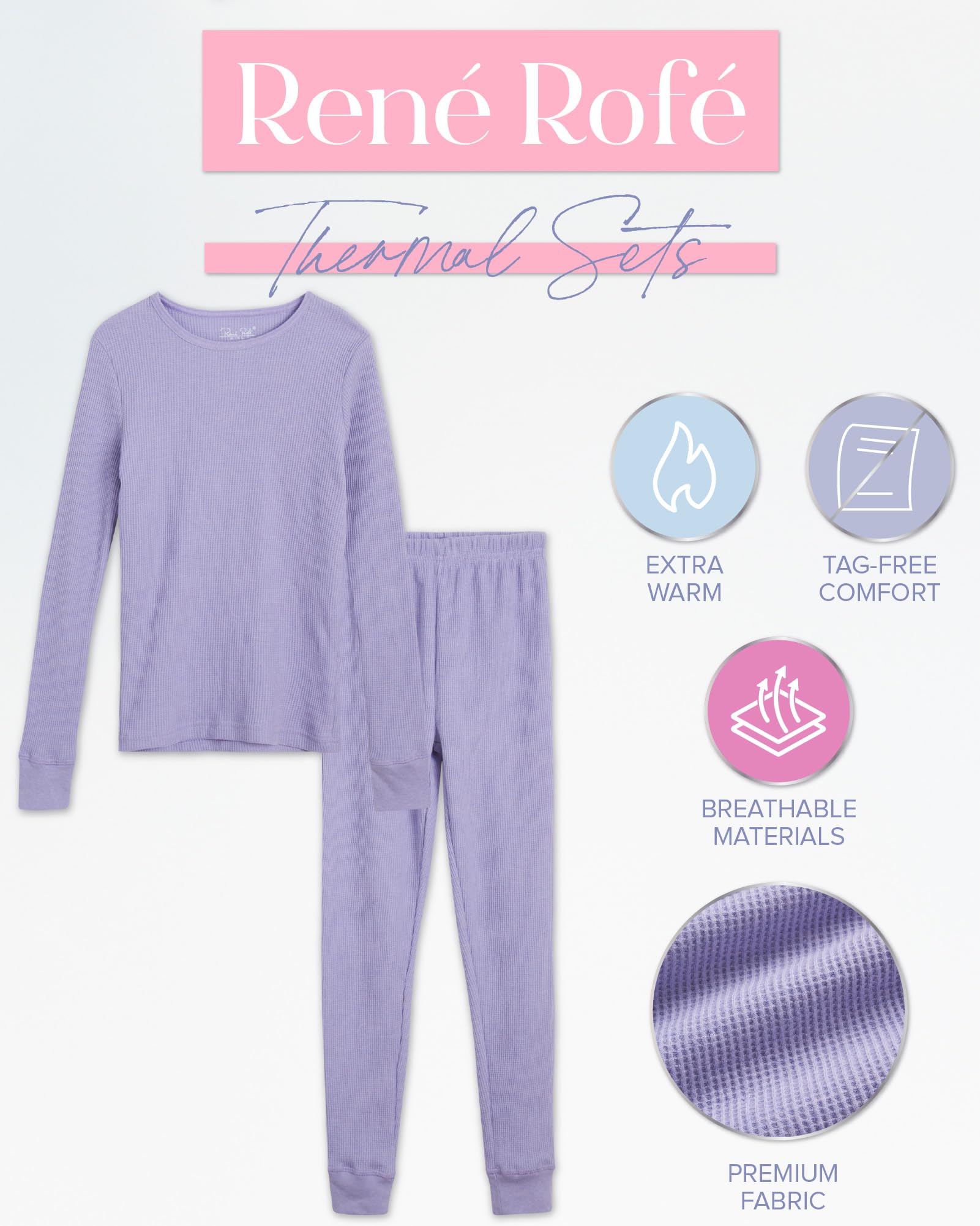Rene Rofe Girls' Thermal Underwear Set - 4 Piece Waffle Knit Top & Long Johns (2T-16) | Winter Warm Base Layer for Kids | Perfect for Cold Weather, Snow Play & Outdoor Activities