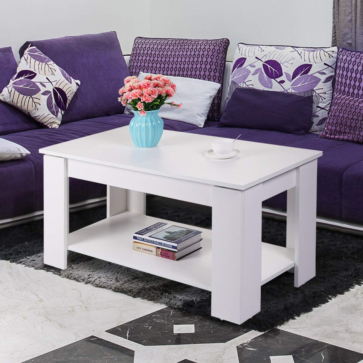 Modern Lift Top Coffee Table with Hidden Storage - White Wooden Living Room Table for Home Decor