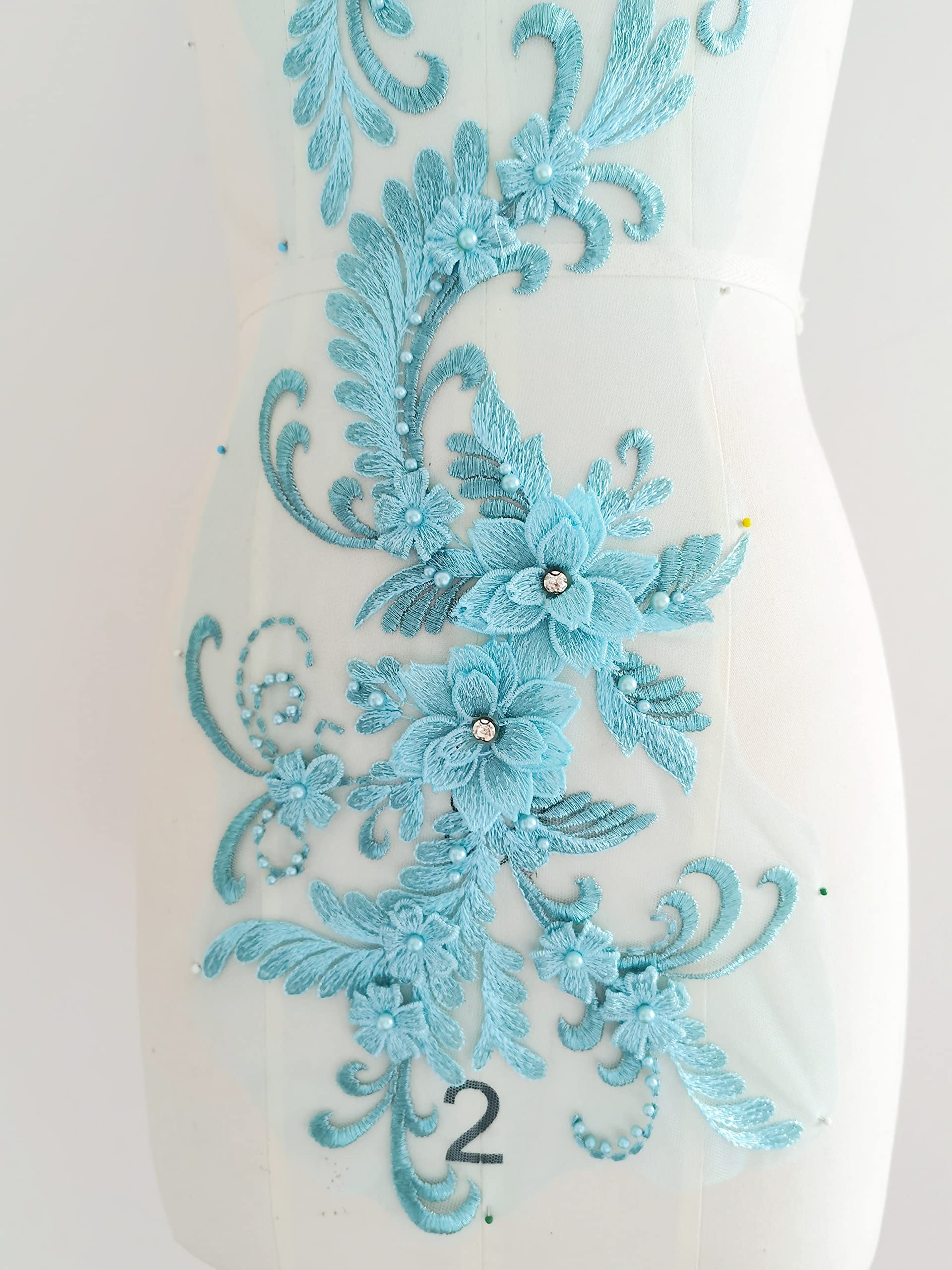 Blue Applique Lace Trim with Beaded 3D Flower for Wedding Dresses, Bridal Gowns & Evening Wear - Aqua Blue Tulle Fabric (Style C1a)