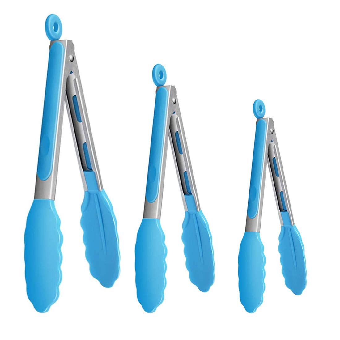 Premium Stainless Steel Cooking Tongs Set - 3 Sizes (7/9/12 Inch) - Heat Resistant & Non-Slip Grip - Blue Kitchen Utensils for Grilling, BBQ, Salad, Serving & Cooking