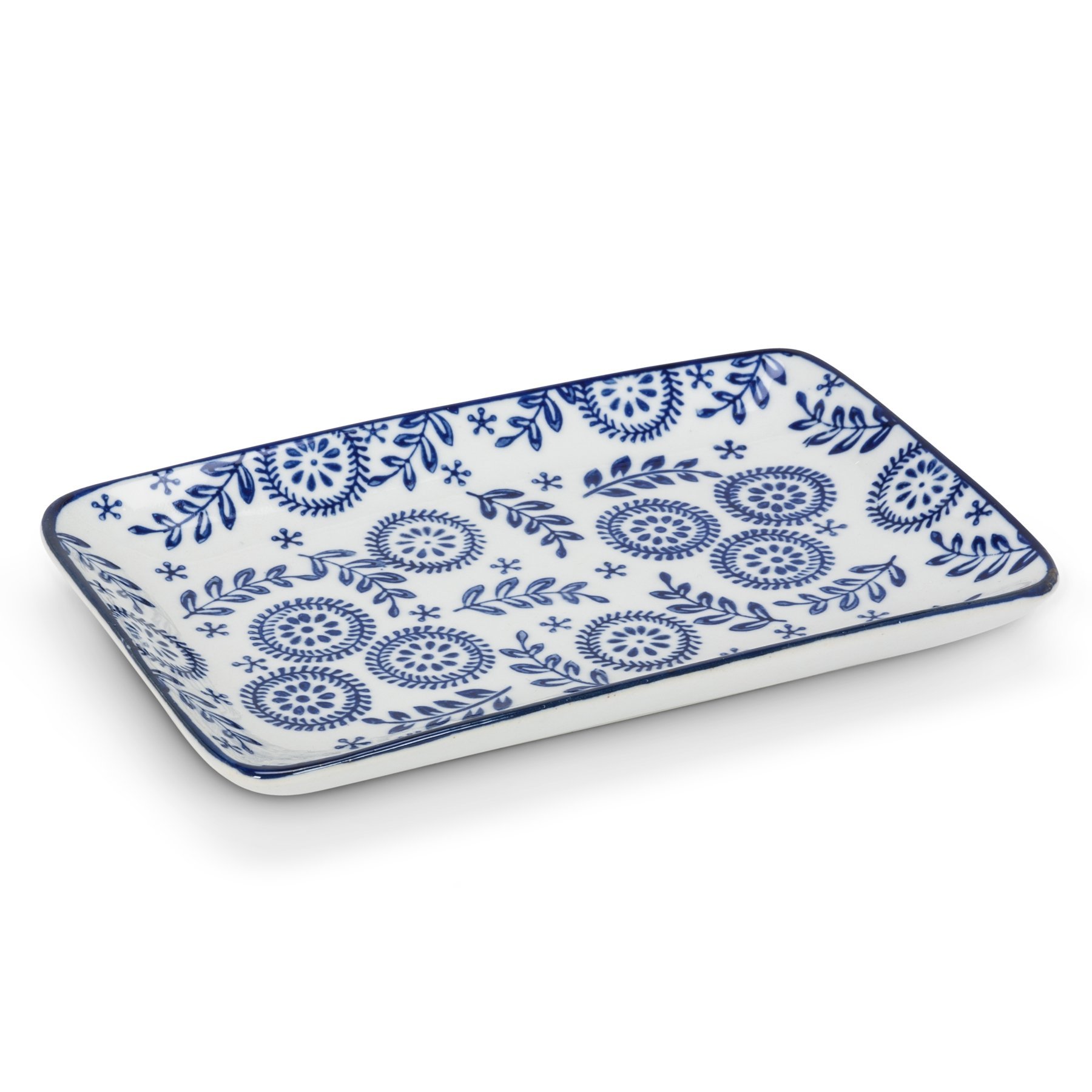 Abbott Collection 6-Piece Porcelain Plate Set - 4x7 Inch Rectangular Plates in Blue & White - Perfect for Dinner Parties, Home Decor & Gift Giving