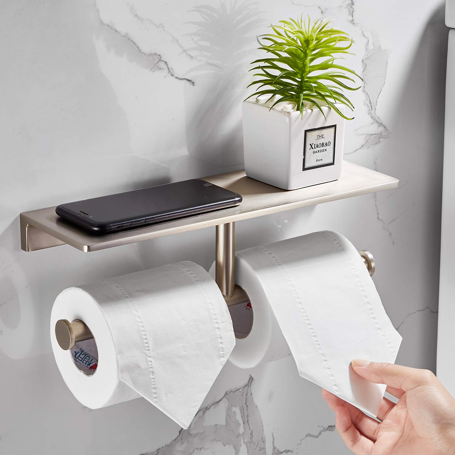 Premium Double Roll Toilet Paper Holder with Shelf - Solid Brass Hotel Style Tissue Dispenser - Polished Nickel Finish - Bathroom Storage Solution for Luxury Homes & Hotels