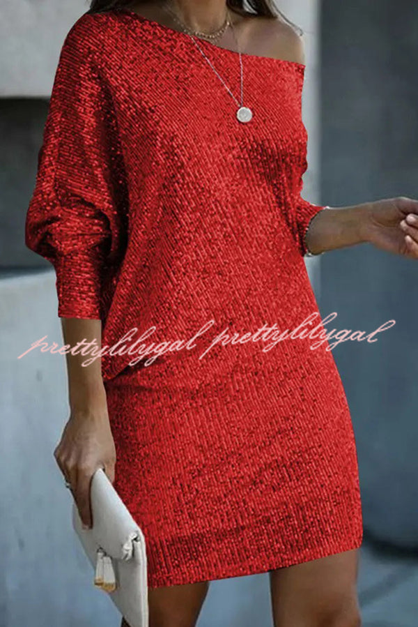 Elegant Solid Sequined Off-Shoulder Loose Mini Dress for Women - Perfect for Parties, Date Nights & Special Occasions