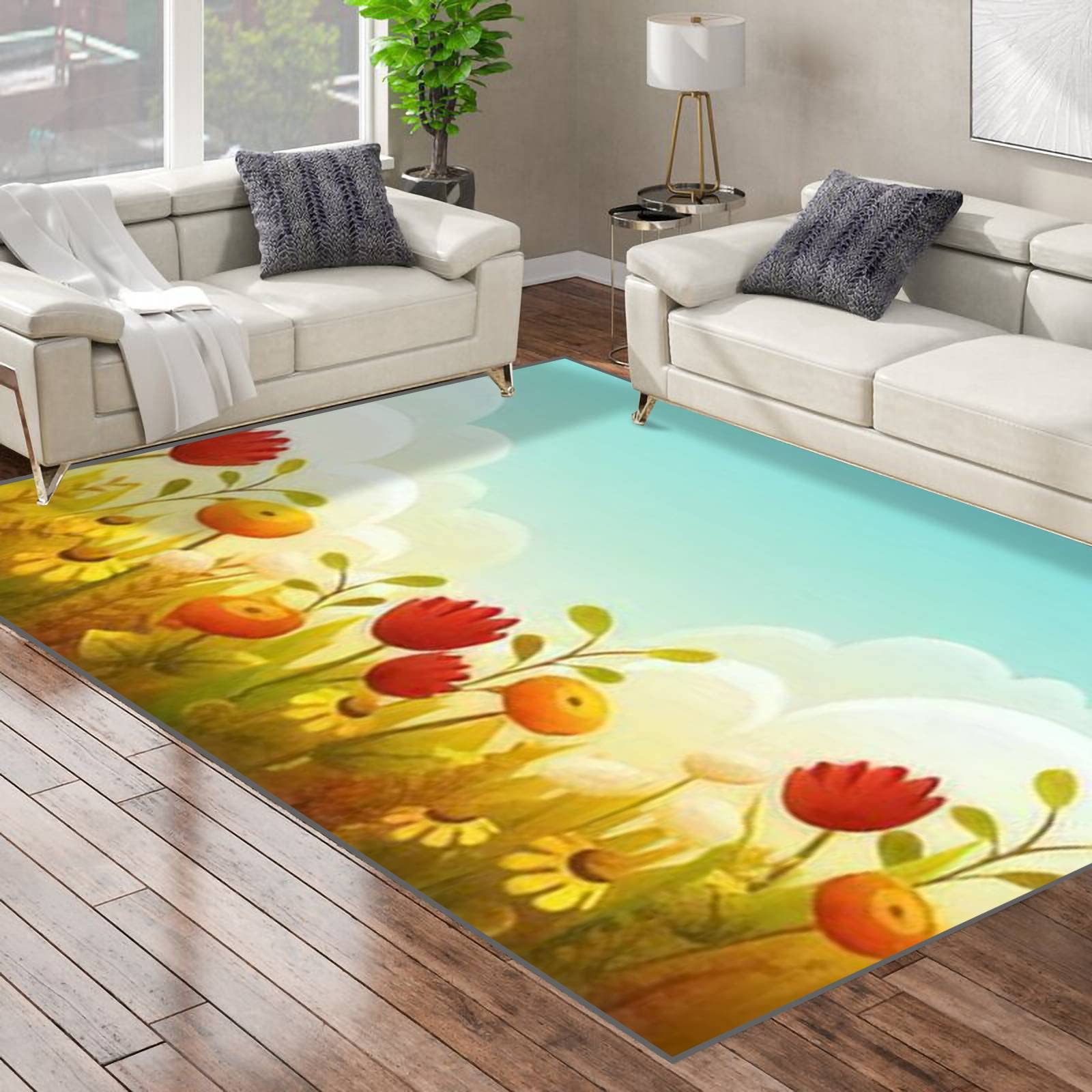 Non-Slip Cartoon Flower Area Rug - Red Tulips with Grass Border, Orange & Yellow Playmat for Yoga, Nursery & Living Room | Indoor/Outdoor Floor Carpet for Home, Bedroom & Patio Door Mat - Perfect for Kids Play Area, Home Decor & Fitness Spaces