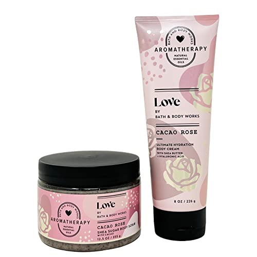 Bath and Body Works Aromatherapy Love Cacao Rose Gift Set - 2 Full Size Products (Body Cream & Body Scrub) for Relaxation & Self Care - Perfect for Valentine's Day, Anniversary & Spa Nights