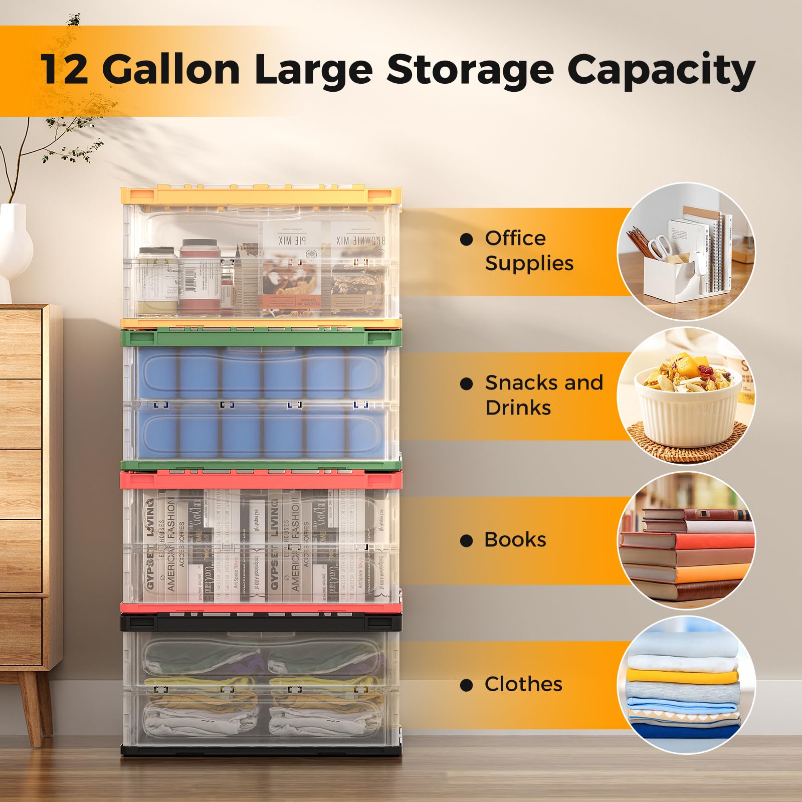 DORTALA 4-Pack 48 Gallon Clear Collapsible Storage Bins with Lids - Stackable Plastic Containers with Interlock Security Latches - Foldable Utility Crates for Bedroom, Dorm, Garage Organization (Perfect for Seasonal Clothes, Toys & Home Storage)