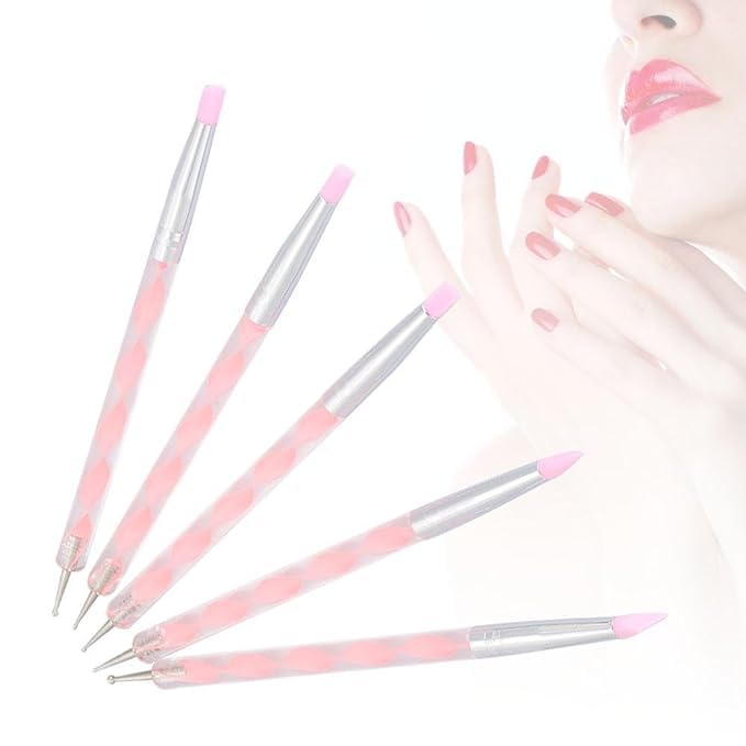 Urbanbox 5PC Dual-End Nail Art Pen Set - Silicone Head Dotting & Carving Tools for Polymer Clay & Nail Design (Pink) | Professional Manicure, DIY Nail Art, Sculpting & Crafting