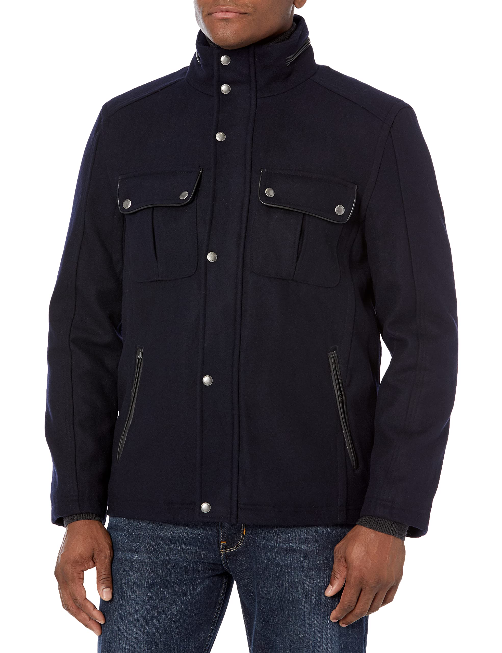 Cole Haan Men's Wool Melton Stand Collar Jacket with Patch Pockets - Stylish Winter Coat for Business Casual & Outdoor Activities